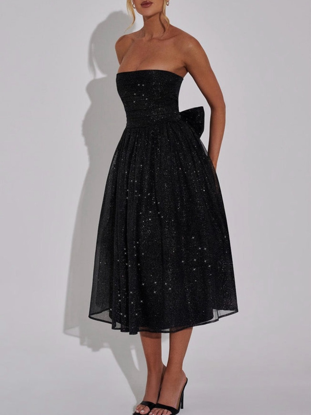Strapless Black Glitter Midi Dress with Side Bow Detail
